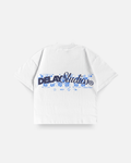 T-shirt boxy Delaystudios Azulejo com padrão colorido e design moderno, vista frontal do produto sobre fundo branco.